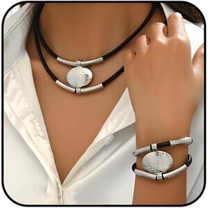 Silver Tone and Black Boho Western Double Layered Chunky Vintage Jewelry Set